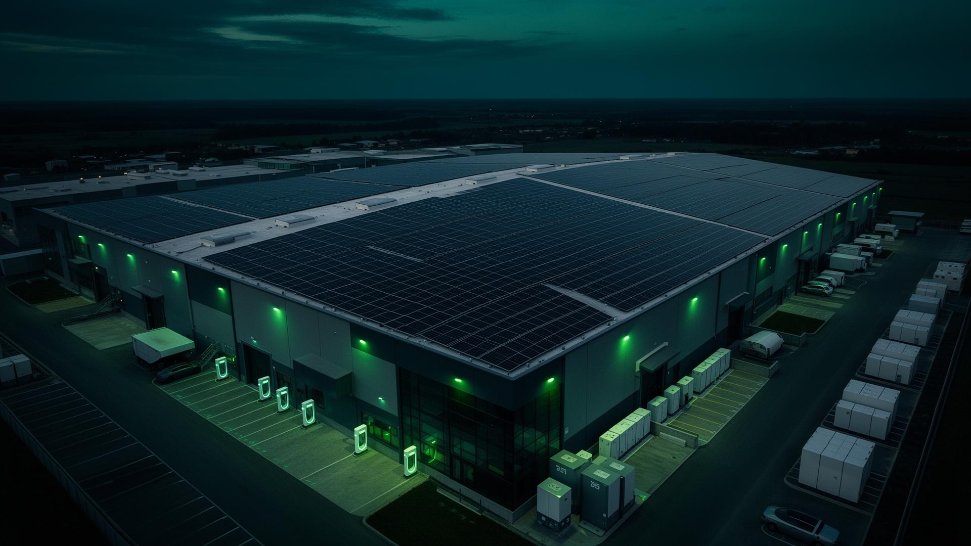 Commercial renewable energy site at dusk